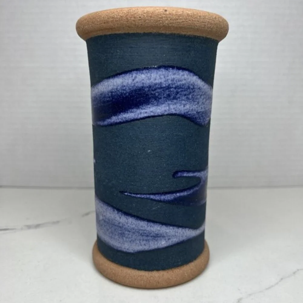 Dominican Republic Art Pottery Vase 6.2 x 3” Signed Blue and White Raised